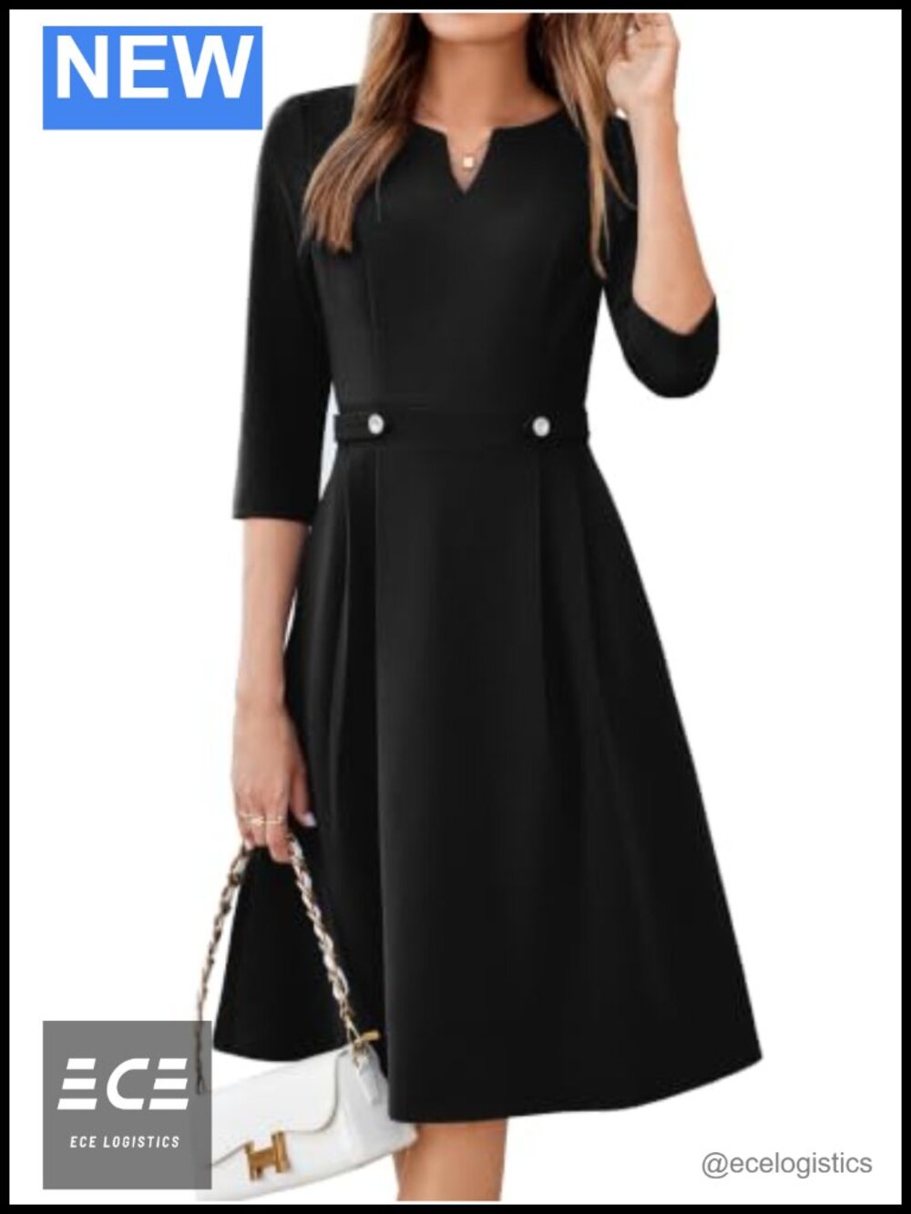 Women 3/4 Sleeve V-Neck A-Line Business Casual Office Midi Dress